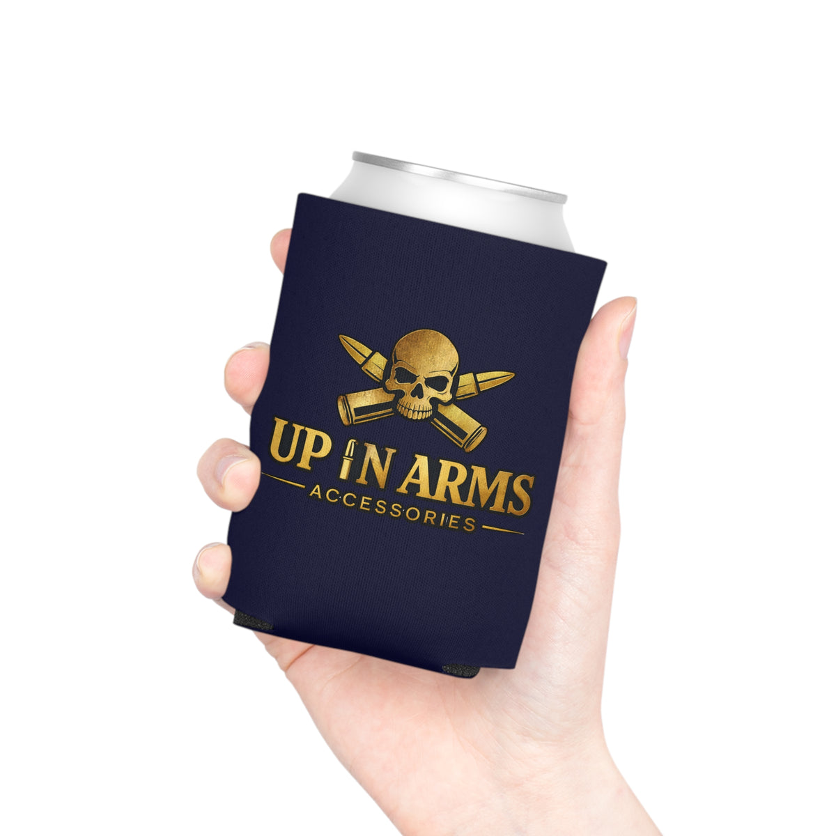Up In Arms Logo Can Cooler — Navy Beer Koozie
